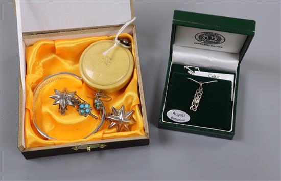 A silver open face pocket watch with bakelite (?) cover, a Chinese sterling bangle, a silver pendant on chain and two pairs of earrings